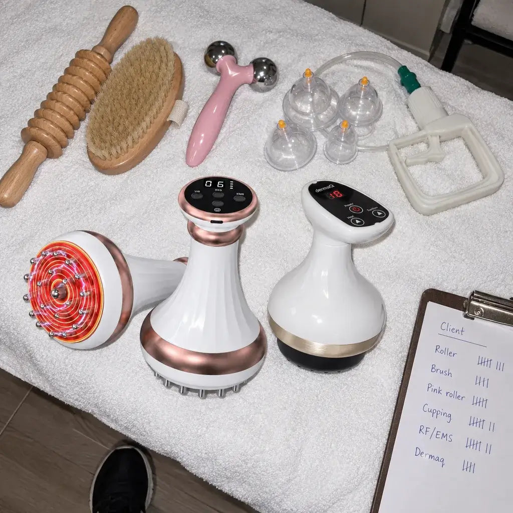 The five devices lined up on the treatment table